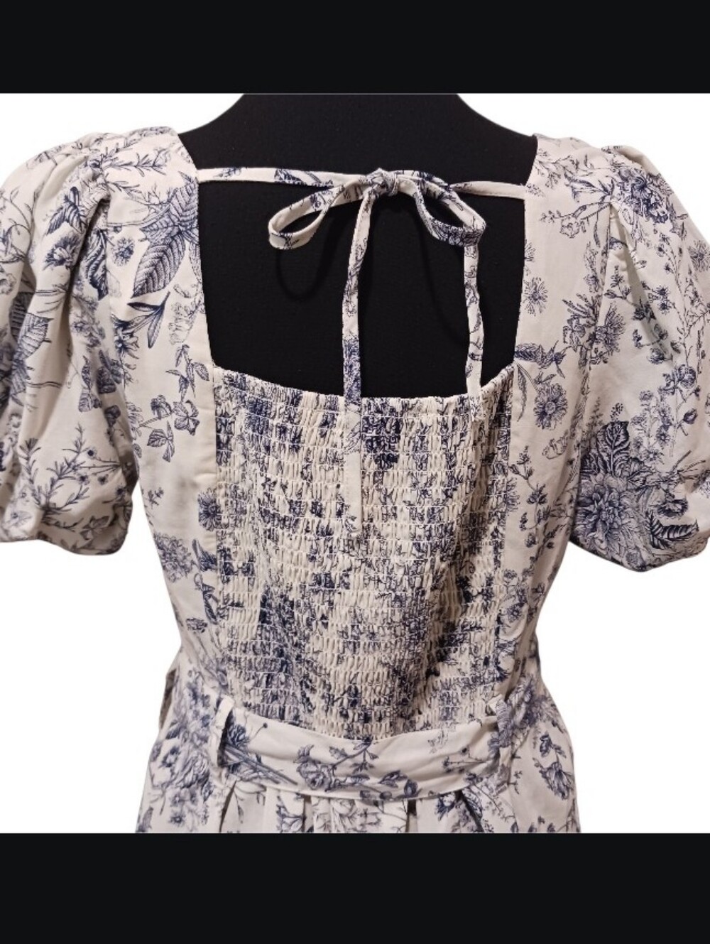 SOLD Indigo Rose Floral Toile Puff Sleeve Belted Cottage Midi Dress - Picture 4 of 9